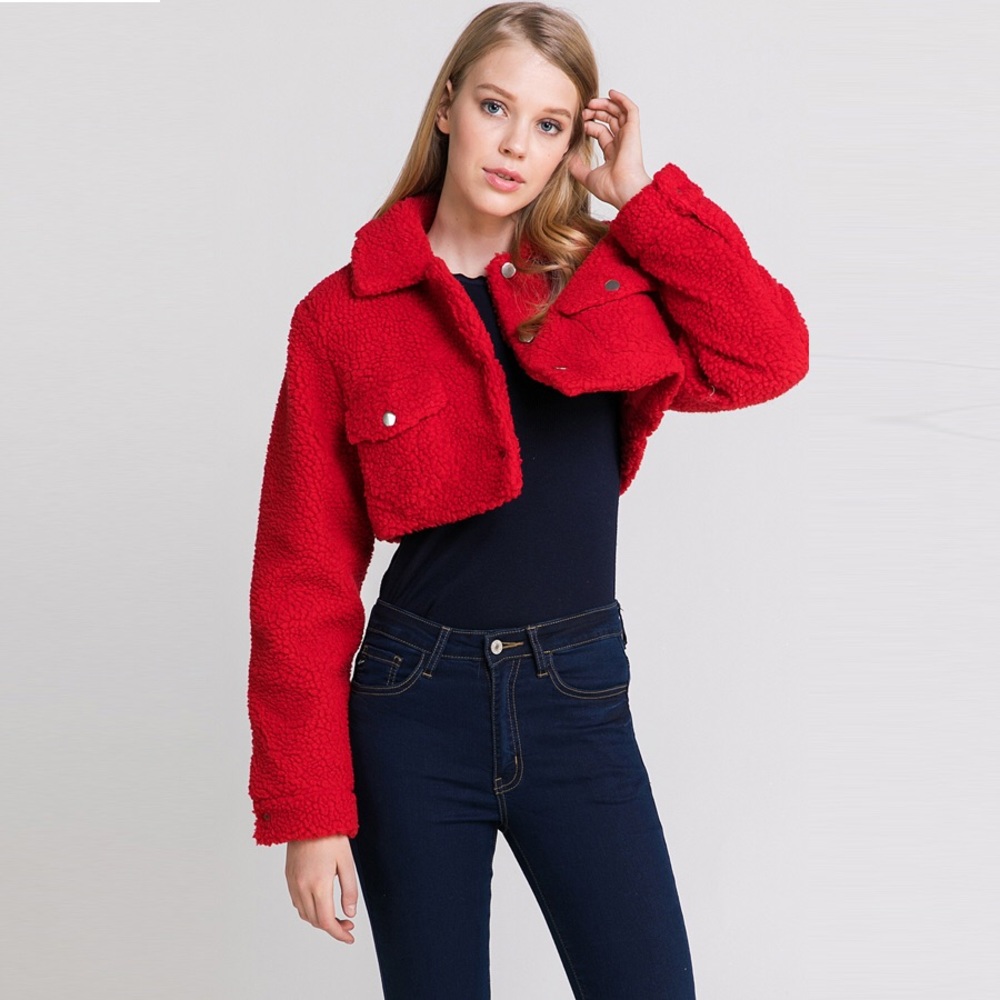 Sherpa like red cropped jacket - Picture 2 of 7